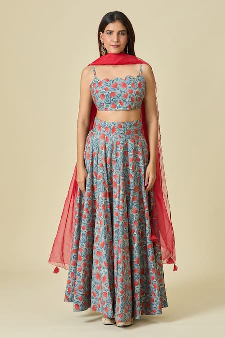 Buy_Naintara Bajaj_Blue Chanderi, Organza Scoop Neck Floral Printed Lehenga Set 