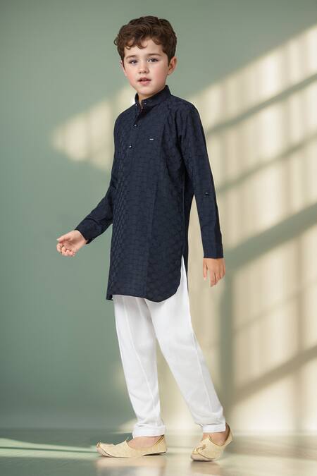 Shop Petite Pomme Blue Cotton Navy Textured Kurta Set Online at Aza Fashions Shop_Petite Pomme_Blue Cotton Navy Textured Kurta Set _Online_at_Aza_Fashions