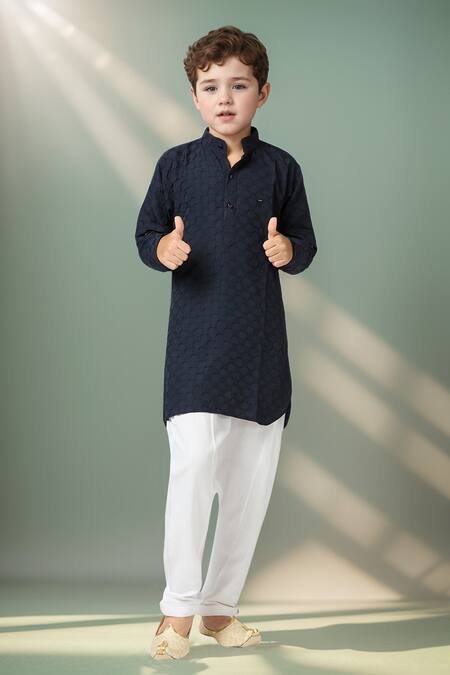 Shop Petite Pomme Blue Cotton Navy Textured Kurta Set at Aza Fashions Shop_Petite Pomme_Blue Cotton Navy Textured Kurta Set _at_Aza_Fashions