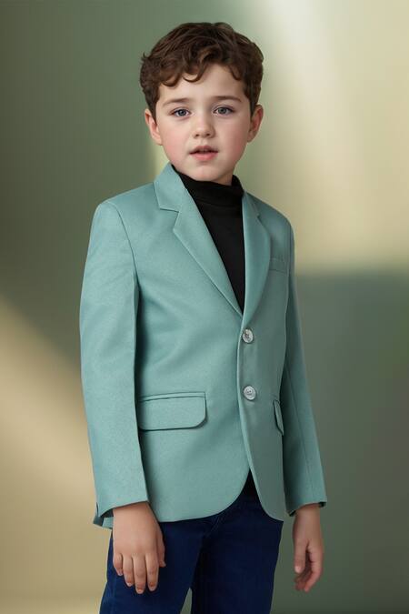 Shop_Petite Pomme_Green Polyester Solid Blazer With Welt Pocket Detail _Online_at_Aza_Fashions