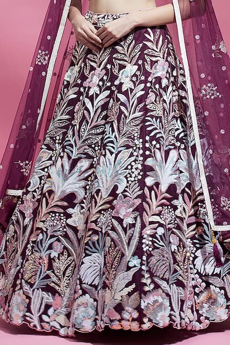 Samyukta Singhania Burgundy Net, Linen Sequins, Cut Work, Embroidery Scoop Neck Floral Lehenga Set Online at Aza Fashions Samyukta Singhania_Burgundy Net, Linen Sequins, Cut Work, Embroidery Scoop Neck Floral Lehenga Set _Online_at_Aza_Fashions
