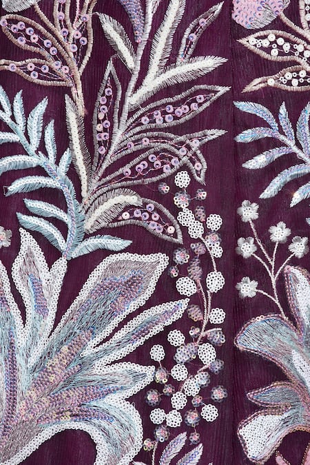 Samyukta Singhania Burgundy Net, Linen Sequins, Cut Work, Embroidery Scoop Neck Floral Lehenga Set at Aza Fashions Samyukta Singhania_Burgundy Net, Linen Sequins, Cut Work, Embroidery Scoop Neck Floral Lehenga Set _at_Aza_Fashions