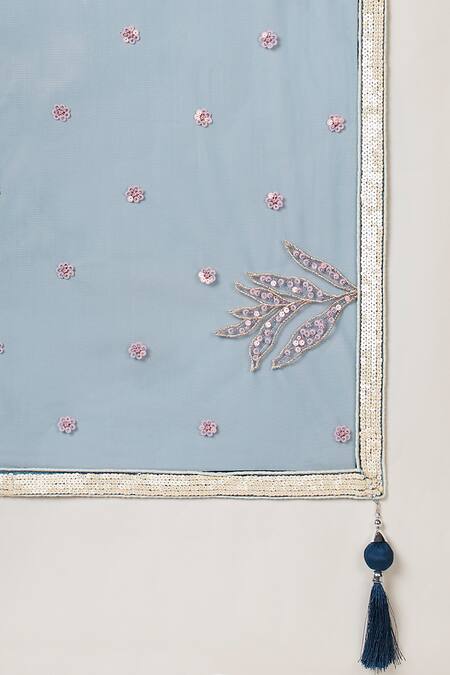 Samyukta Singhania_Blue Net, Linen Sequins, Cut Work Plunge Floral Cutdana Embroidered Lehenga Set_Online_at_Aza_Fashions