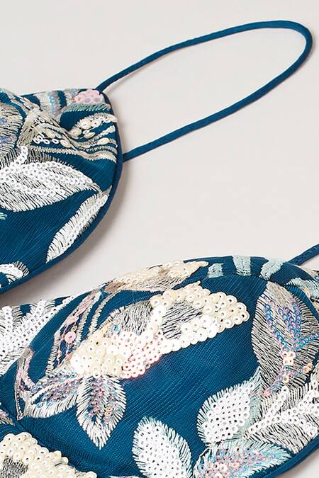 Buy_Samyukta Singhania_Blue Net, Linen Sequins, Cut Work Plunge Floral Cutdana Embroidered Lehenga Set_Online_at_Aza_Fashions