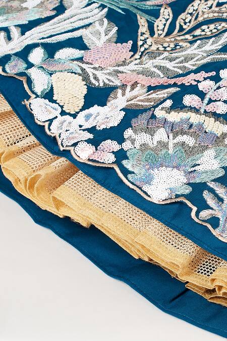 Shop_Samyukta Singhania_Blue Net, Linen Sequins, Cut Work Plunge Floral Cutdana Embroidered Lehenga Set_Online_at_Aza_Fashions