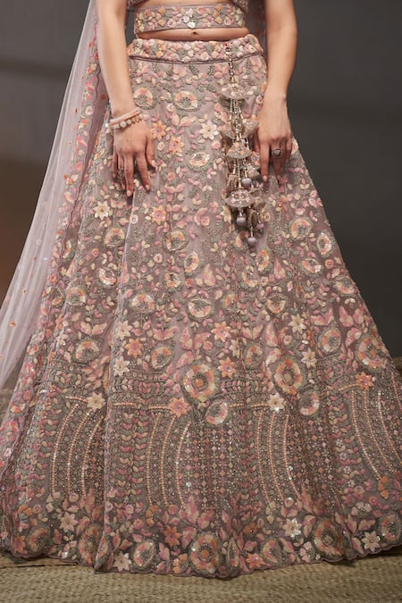 Samyukta Singhania_Purple Net Sequins, Stones, Zari V-neck Floral Embroidered Lehenga Set_Online_at_Aza_Fashions