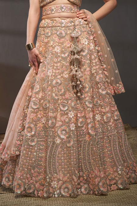 Samyukta Singhania Peach Net, Linen Sequins, Zari Boat Neck Floral Embroidered Lehenga Set Online at Aza Fashions Samyukta Singhania_Peach Net, Linen Sequins, Zari Boat Neck Floral Embroidered Lehenga Set_Online_at_Aza_Fashions