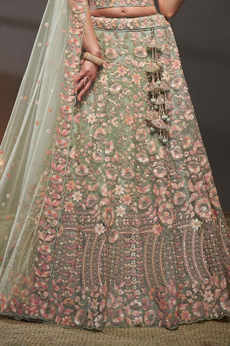 Samyukta Singhania Green Net, Linen Sequins, Zari, Embroidery Asymmetric Floral Lehenga Set Online at Aza Fashions Samyukta Singhania_Green Net, Linen Sequins, Zari, Embroidery Asymmetric Floral Lehenga Set _Online_at_Aza_Fashions