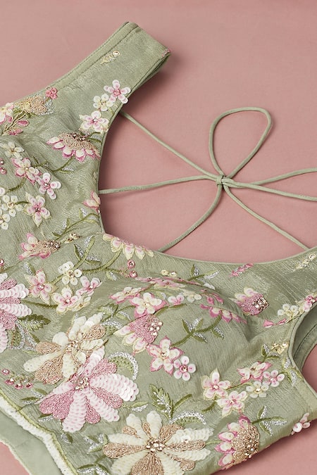 Buy Samyukta Singhania Green Polyester, Net, Georgette Sequins, Zari, Applique Floral Lehenga Set Online at Aza Fashions Buy_Samyukta Singhania_Green Polyester, Net, Georgette Sequins, Zari, Applique Floral Lehenga Set_Online_at_Aza_Fashions