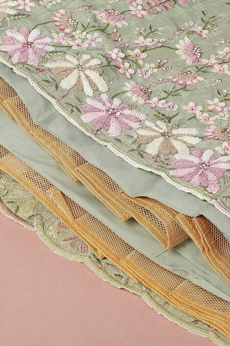 Samyukta Singhania Green Polyester, Net, Georgette Sequins, Zari, Applique Floral Lehenga Set at Aza Fashions Samyukta Singhania_Green Polyester, Net, Georgette Sequins, Zari, Applique Floral Lehenga Set_at_Aza_Fashions