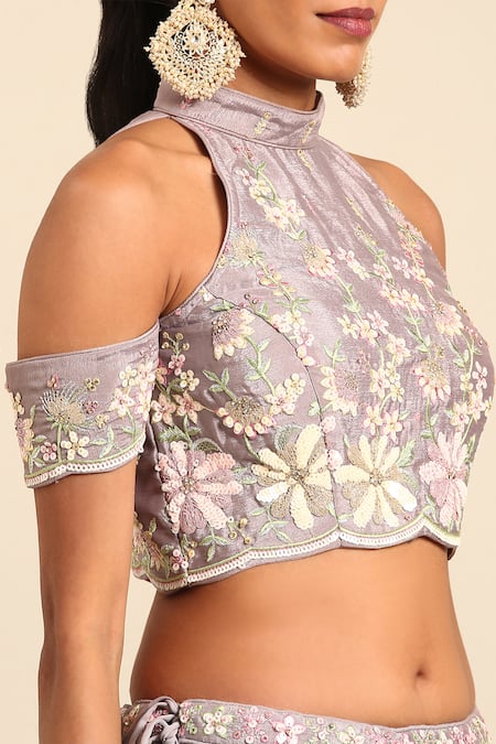 Samyukta Singhania_Purple Polyester, Net Sequins, Stones, Embroidery, Zari Floral Lehenga Set _Online_at_Aza_Fashions