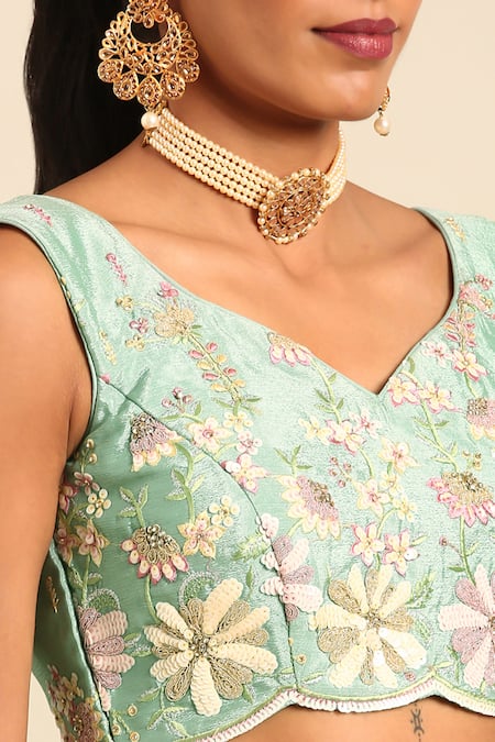 Samyukta Singhania_Green Net, Linen Sequins, Zari, Stones Applique Embroidered Lehenga Set _Online_at_Aza_Fashions