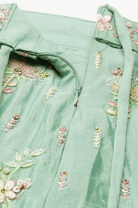 Buy_Samyukta Singhania_Green Net, Linen Sequins, Zari, Stones Applique Embroidered Lehenga Set _Online_at_Aza_Fashions