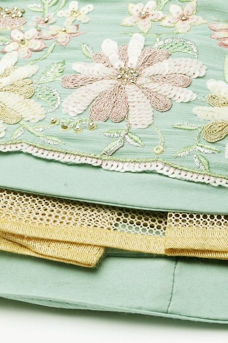 Shop_Samyukta Singhania_Green Net, Linen Sequins, Zari, Stones Applique Embroidered Lehenga Set _Online_at_Aza_Fashions