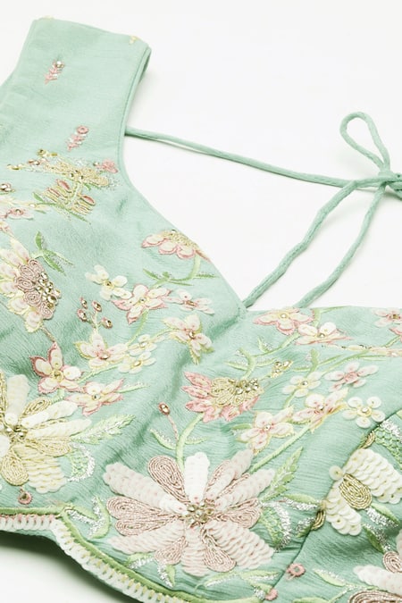 Samyukta Singhania_Green Net, Linen Sequins, Zari, Stones Applique Embroidered Lehenga Set _at_Aza_Fashions