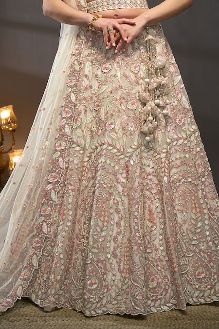 Shop Samyukta Singhania Cream Net, Linen Sequins, Embroidery Asymmetric Floral Lehenga Set Online at Aza Fashions Shop_Samyukta Singhania_Cream Net, Linen Sequins, Embroidery Asymmetric Floral Lehenga Set _Online_at_Aza_Fashions