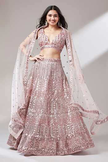 Buy Rose Gold Net Embroidery Geometric Leaf Mirror Lehenga Set For ...
