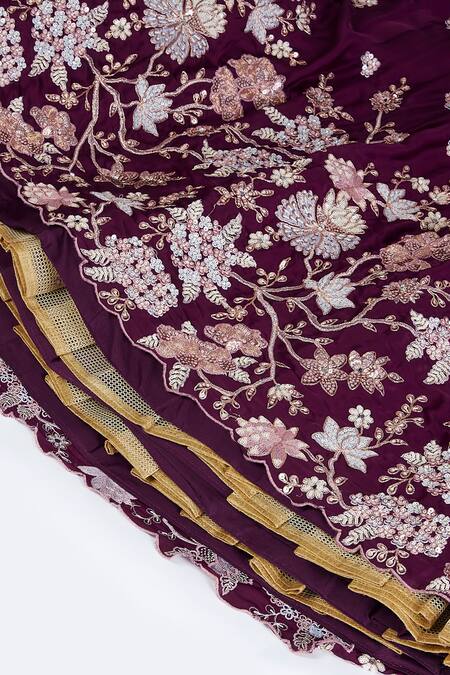 Shop Samyukta Singhania Burgundy Polyester, Organza Sequins, Stones, Zari, Floral Lehenga Set Online at Aza Fashions Shop_Samyukta Singhania_Burgundy Polyester, Organza Sequins, Stones, Zari, Floral Lehenga Set_Online_at_Aza_Fashions