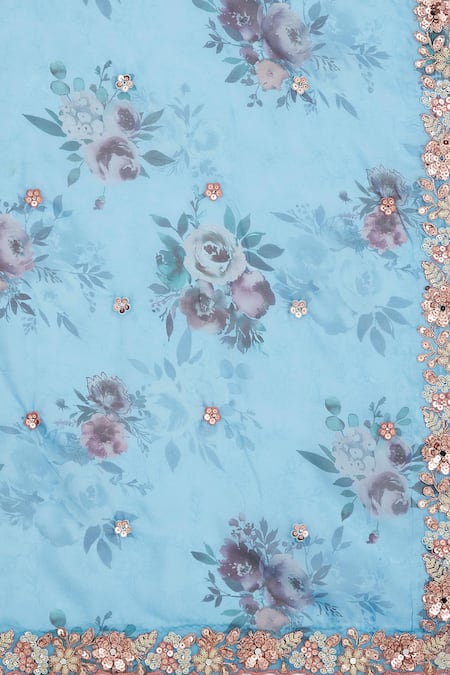 Shop_Samyukta Singhania_Teal Polyester, Organza Sequins, Zari, Green Floral Embroidered Lehenga Set_Online_at_Aza_Fashions