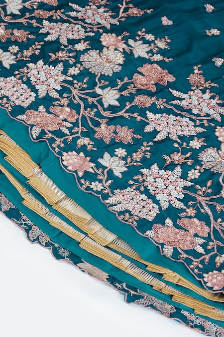 Samyukta Singhania_Teal Polyester, Organza Sequins, Zari, Green Floral Embroidered Lehenga Set_Online_at_Aza_Fashions
