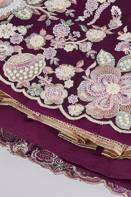 Samyukta Singhania_Burgundy Net, Linen Sequins, Zari, Stones, Embroidery Floral Vine Lehenga Set _Online_at_Aza_Fashions