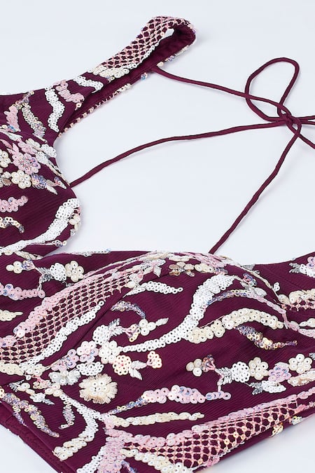 Buy_Samyukta Singhania_Burgundy Net, Linen Sequins, Zari, Stones, Embroidery Floral Vine Lehenga Set 