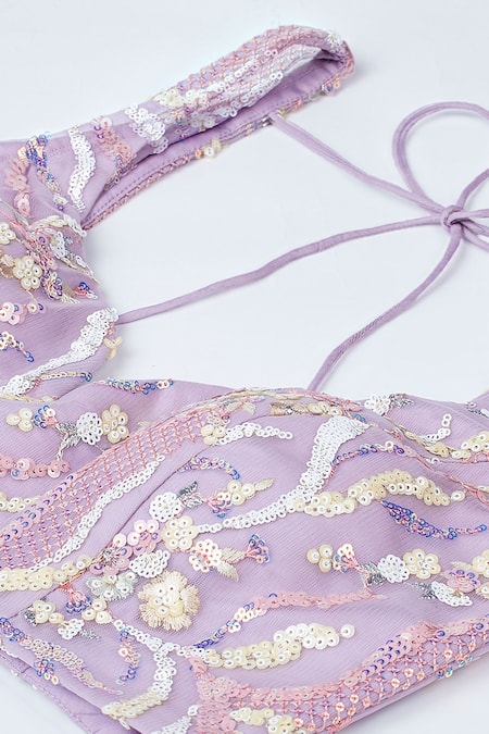 Samyukta Singhania_Purple Net, Linen Sequins, Stones, Zari Floral Vine Embroidered Lehenga Set _at_Aza_Fashions