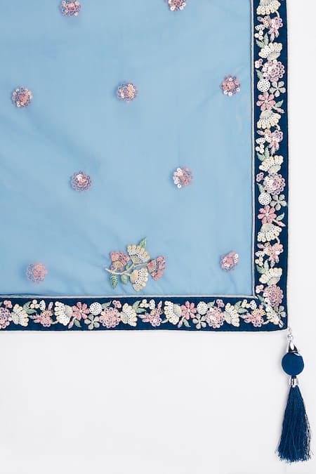 Samyukta Singhania_Blue Net, Linen Sequins, Stones, Zari, Embroidery Navy Floral Vine Lehenga Set _Online_at_Aza_Fashions