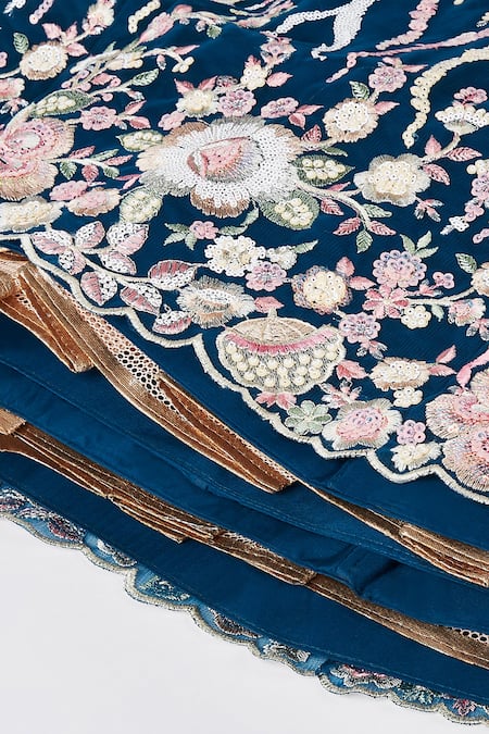 Shop_Samyukta Singhania_Blue Net, Linen Sequins, Stones, Zari, Embroidery Navy Floral Vine Lehenga Set _Online_at_Aza_Fashions
