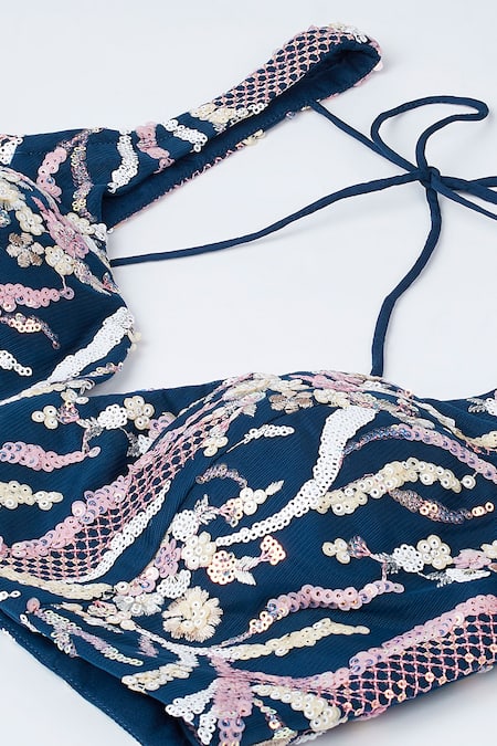 Buy_Samyukta Singhania_Blue Net, Linen Sequins, Stones, Zari, Embroidery Navy Floral Vine Lehenga Set 