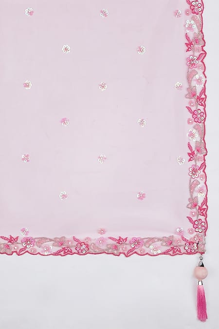 Samyukta Singhania_Pink Polyester, Net Sequins, Zari, Embroidery Plunge Neck Floral Lehenga Set _Online_at_Aza_Fashions