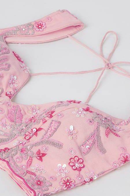 Buy_Samyukta Singhania_Pink Polyester, Net Sequins, Zari, Embroidery Plunge Neck Floral Lehenga Set _Online_at_Aza_Fashions