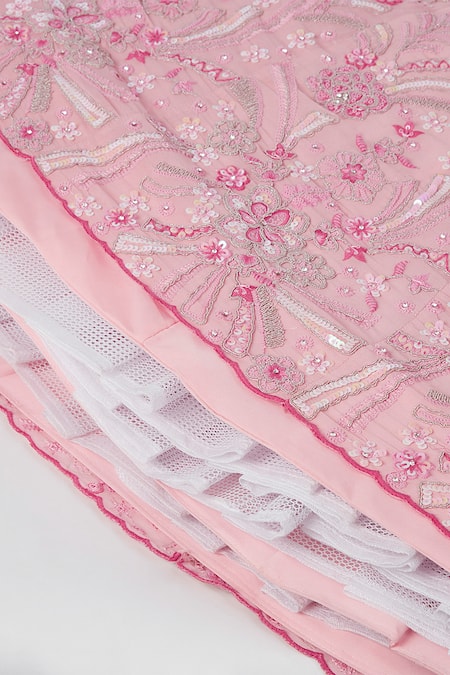 Samyukta Singhania_Pink Polyester, Net Sequins, Zari, Embroidery Plunge Neck Floral Lehenga Set _at_Aza_Fashions
