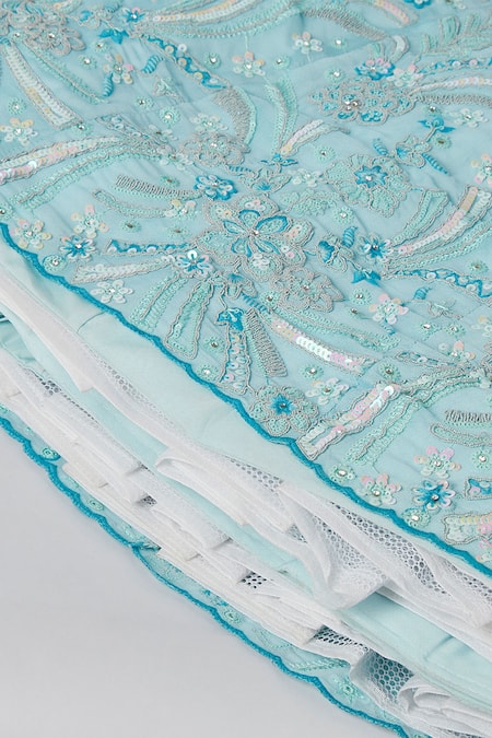 Samyukta Singhania_Blue Polyester, Net Sequins, Zari, Stones, Embroidery Plunge Floral Lehenga Set_at_Aza_Fashions