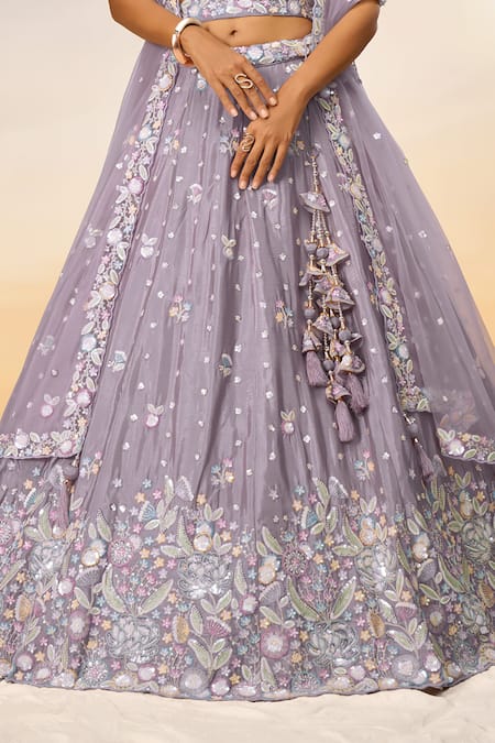 Samyukta Singhania_Purple Polyester, Net Sequins, Stones, Mauve Floral Bloom Applique Lehenga Set _Online_at_Aza_Fashions