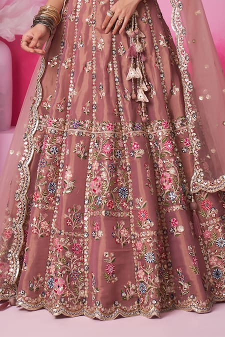 Samyukta Singhania Rose Gold Net, Linen Sequins, Mirrors, Pearls Floral Embroidered Lehenga Set Online at Aza Fashions Samyukta Singhania_Rose Gold Net, Linen Sequins, Mirrors, Pearls Floral Embroidered Lehenga Set_Online_at_Aza_Fashions