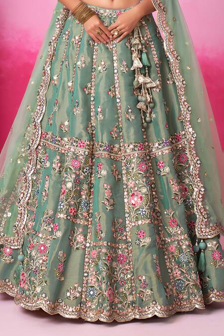 Samyukta Singhania_Green Net, Linen Sequins, Pearls, Mirrors, Embroidery, Floral Zari Lehenga Set_Online_at_Aza_Fashions