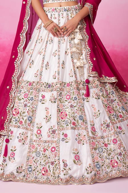 Shop Samyukta Singhania Cream Polyester, Georgette Sequins, Pearls Floral Thread Embroidered Lehenga Set Online at Aza Fashions Shop_Samyukta Singhania_Cream Polyester, Georgette Sequins, Pearls Floral Thread Embroidered Lehenga Set _Online_at_Aza_Fashions