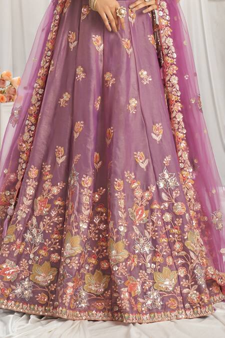 Samyukta Singhania_Purple Organza, Net Sequins Asymmetric Floral Patchwork Embroidered Lehenga Set_at_Aza_Fashions