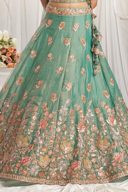 Samyukta Singhania_Green Organza, Net, Satin Embroidery, Sequins Asymmetric Floral Lehenga Set _Online_at_Aza_Fashions