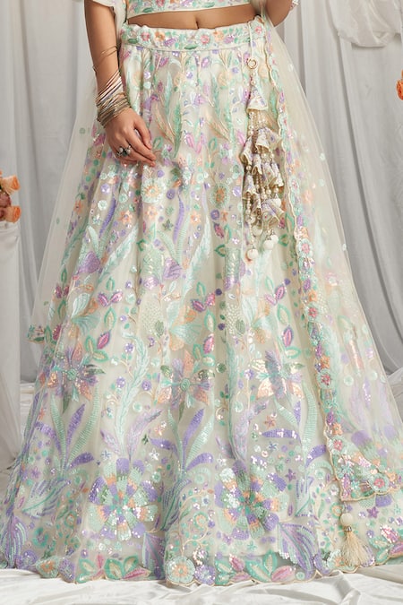 Samyukta Singhania Cream Net Sequins, Stones Sweetheart Neck Embellished Lehenga Set at Aza Fashions Samyukta Singhania_Cream Net Sequins, Stones Sweetheart Neck Embellished Lehenga Set _at_Aza_Fashions