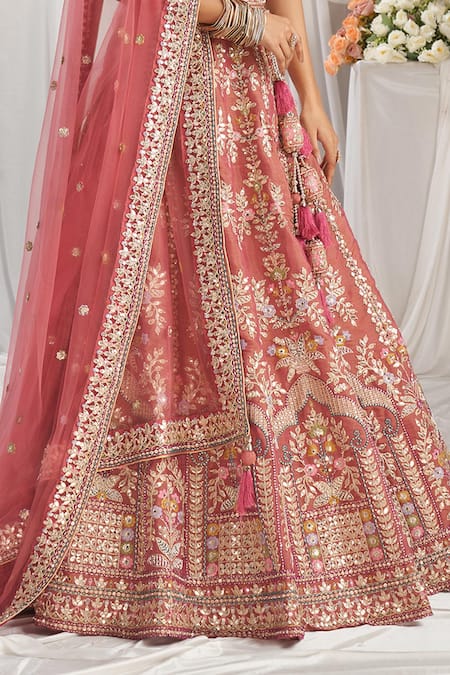 Buy_Samyukta Singhania_Rose Gold Tissue, Net Sequins Zari Embroidered Mughal Bridal Lehenga Set _Online_at_Aza_Fashions