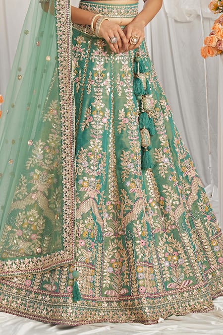 Samyukta Singhania_Green Tissue, Net Sequins, Stones, Embroidery Mughal Zari Lehenga Set _Online_at_Aza_Fashions