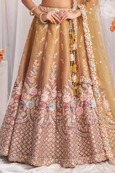 Samyukta Singhania Rose Gold Tissue, Net Sequins, Stones, Embroidery Boat Floral Jaali Lehenga Set Online at Aza Fashions Samyukta Singhania_Rose Gold Tissue, Net Sequins, Stones, Embroidery Boat Floral Jaali Lehenga Set_Online_at_Aza_Fashions