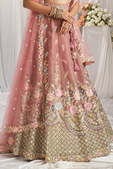 Buy_Samyukta Singhania_Green Tissue, Net Sequins, Stones, Zari Ombre Floral Embroidered Lehenga Set_Online_at_Aza_Fashions
