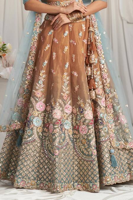 Samyukta Singhania_Blue Tissue, Net Sequins, Stones, Zari, Embroidery Boat Neck Ombre Lehenga Set_Online_at_Aza_Fashions