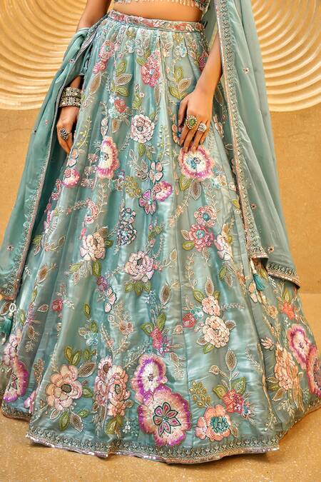 Buy_Samyukta Singhania_Green Organza, Net, Satin Beads, Sequins, Stones, Zari Blossom Lehenga Set_Online_at_Aza_Fashions