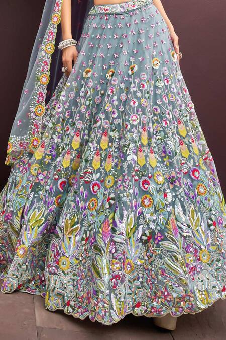 Samyukta Singhania_Blue Net Beads, Sequins, Stones, Embroidery Turquoise Garden Lehenga Set_Online_at_Aza_Fashions