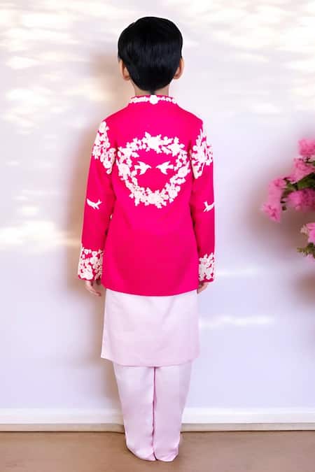 Shop_Fayon Kids X AZA_Pink Cotton Embroidery Floral Jacket And Kurta Set _at_Aza_Fashions