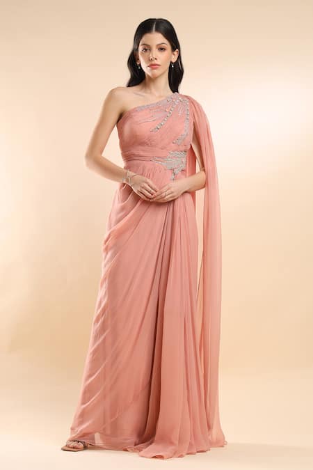 AMRTA by GUNEET KONDAL Pearl & Sequin Patch Embellished Ruched Gown 